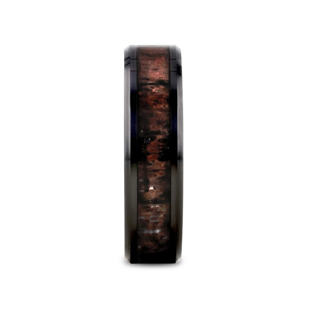 TINE Black Ceramic Polished Beveled Men's Wedding Band with Dark Brown Antler Inlay - 6mm & 8mm