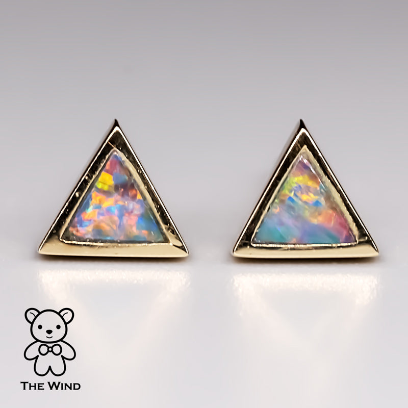Geometric Triangle Shaped Australian Doublet Opal Stud Earrings 14K Yellow Gold