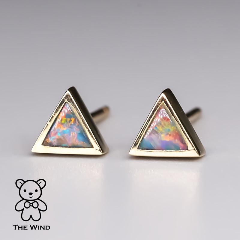 Geometric Triangle Shaped Australian Doublet Opal Stud Earrings 14K Yellow Gold