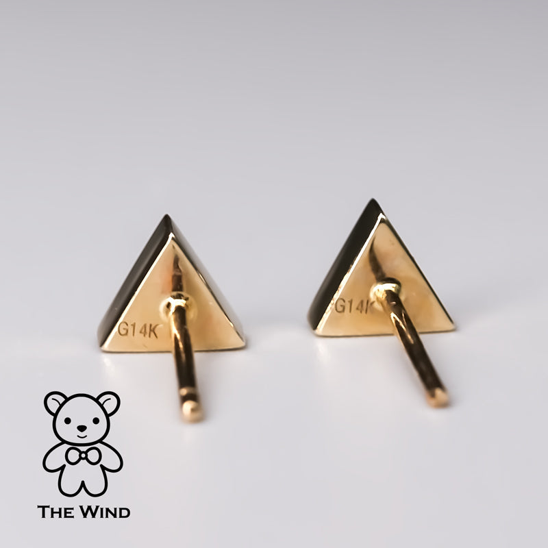 Geometric Triangle Shaped Australian Doublet Opal Stud Earrings 14K Yellow Gold