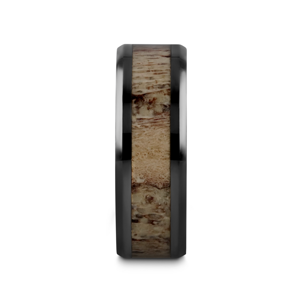 TRES Beveled Black Ceramic Polished Men's Wedding Band with Ombre Antler Inlay - 8mm