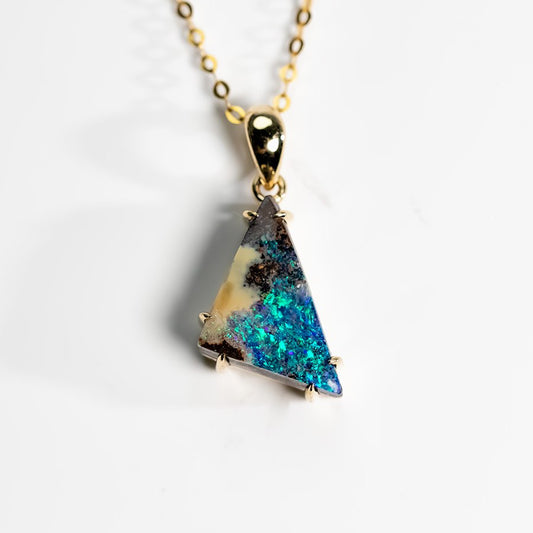 Triangle Shaped Boulder Opal Pendant Necklace 14K Yellow Gold