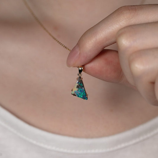 Triangle Shaped Boulder Opal Pendant Necklace 14K Yellow Gold
