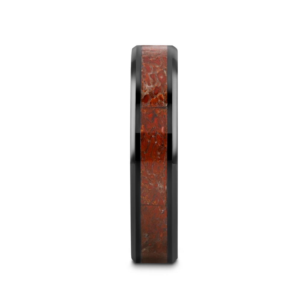 TRIASSIC Red Dinosaur Bone Inlaid Black Ceramic Beveled Edged Ring - 4mm & 8mm