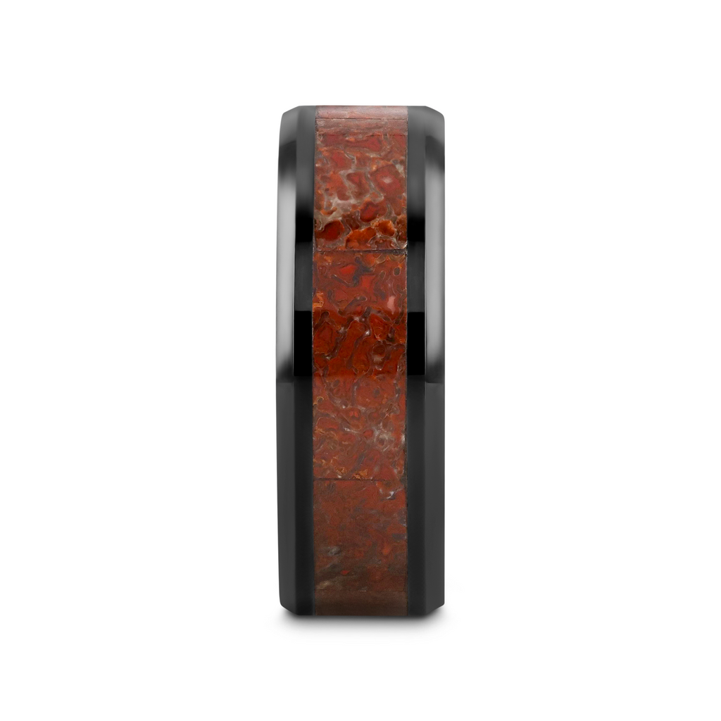 TRIASSIC Red Dinosaur Bone Inlaid Black Ceramic Beveled Edged Ring - 4mm & 8mm