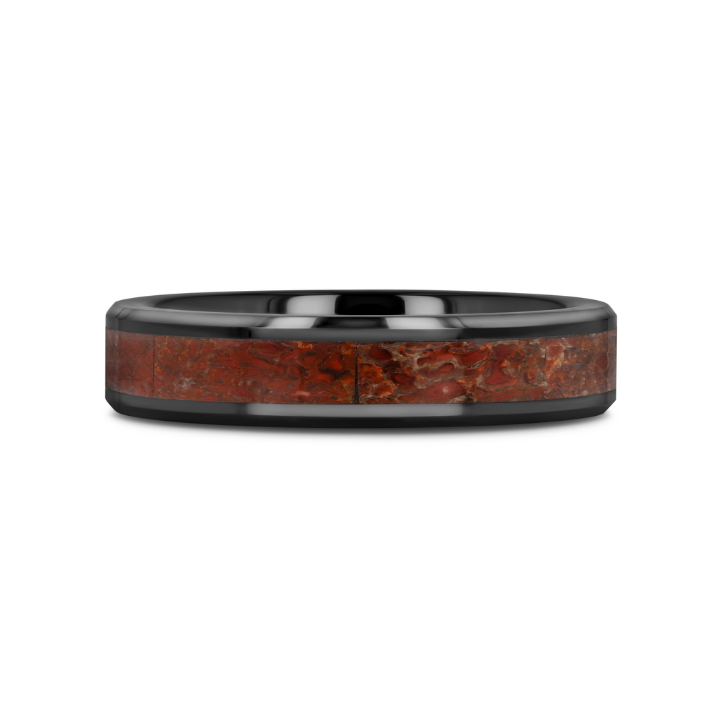 TRIASSIC Red Dinosaur Bone Inlaid Black Ceramic Beveled Edged Ring - 4mm