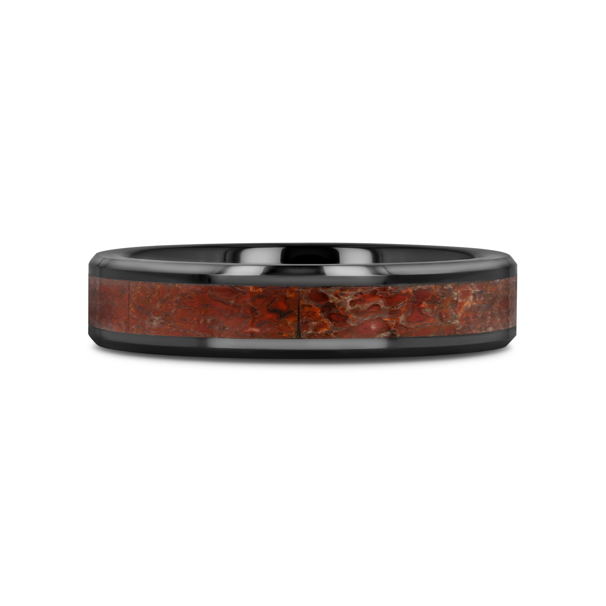TRIASSIC Red Dinosaur Bone Inlaid Black Ceramic Beveled Edged Ring - 4mm