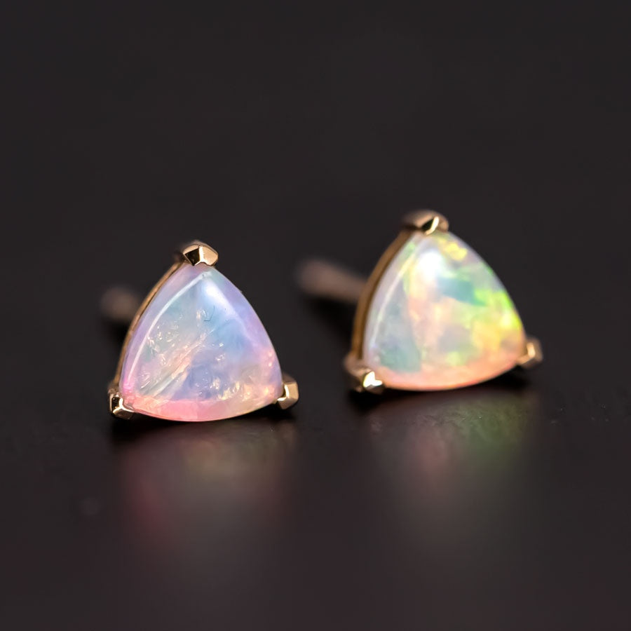 Dainty Trilliant Shaped Australian Opal Stud Earrings 18K Yellow Gold