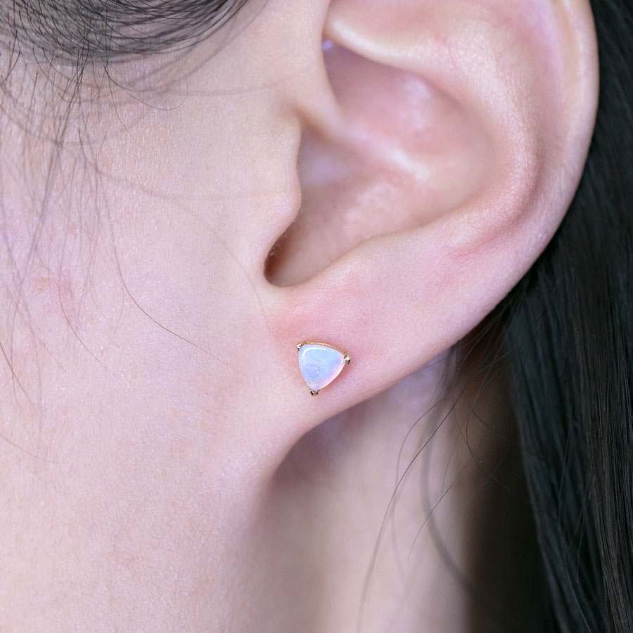 Dainty Trilliant Shaped Australian Opal Stud Earrings 18K Yellow Gold