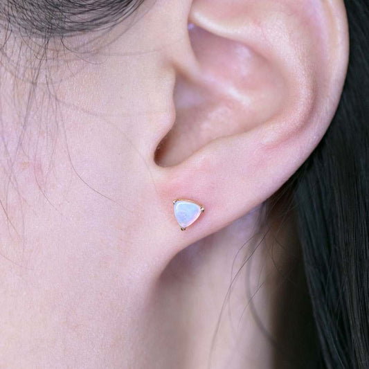 Dainty Trilliant Shaped Australian Opal Stud Earrings 18K Yellow Gold