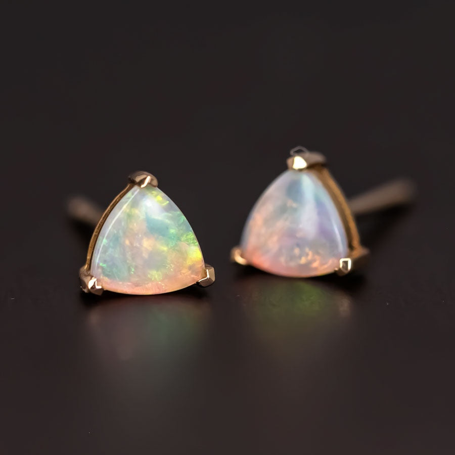 Dainty Trilliant Shaped Australian Opal Stud Earrings 18K Yellow Gold