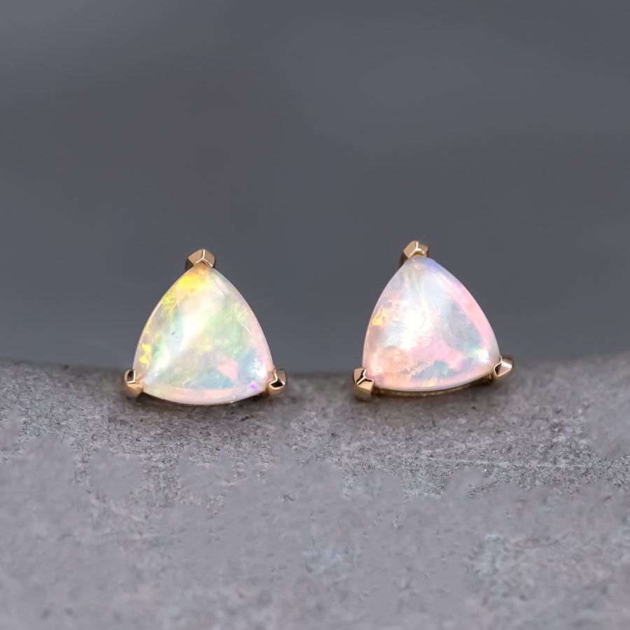 Dainty Trilliant Shaped Australian Opal Stud Earrings 18K Yellow Gold