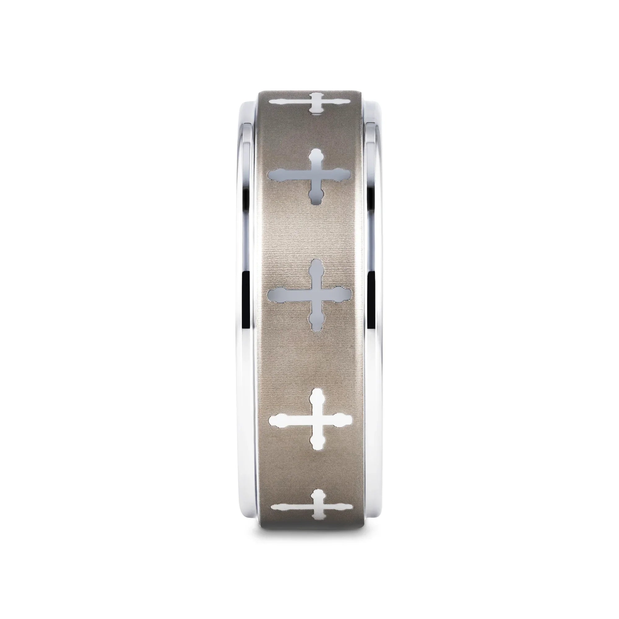 TRINITY Raised Center with Engraved Crosses Men's Tungsten Wedding Band – 8mm