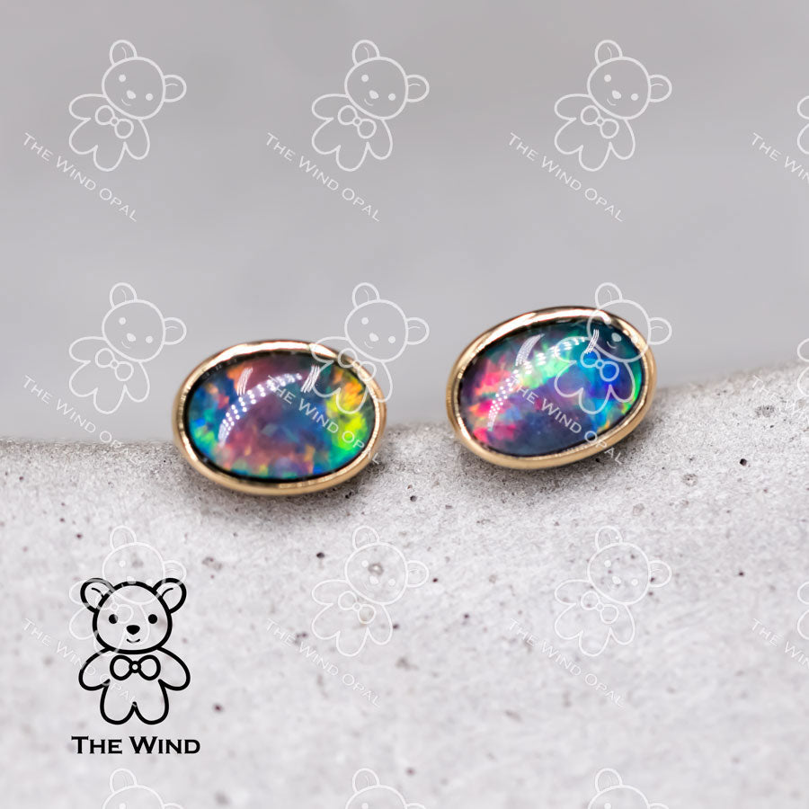 Minimalist Oval Shaped Triplet Opal Stud Earrings 18K Yellow Gold