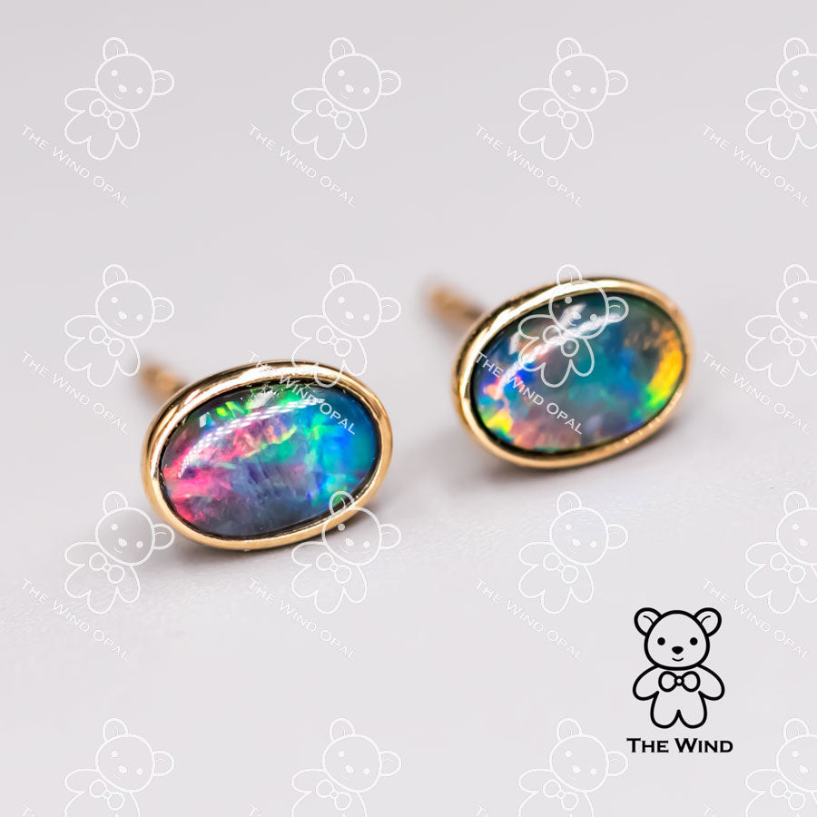 Minimalist Oval Shaped Triplet Opal Stud Earrings 18K Yellow Gold