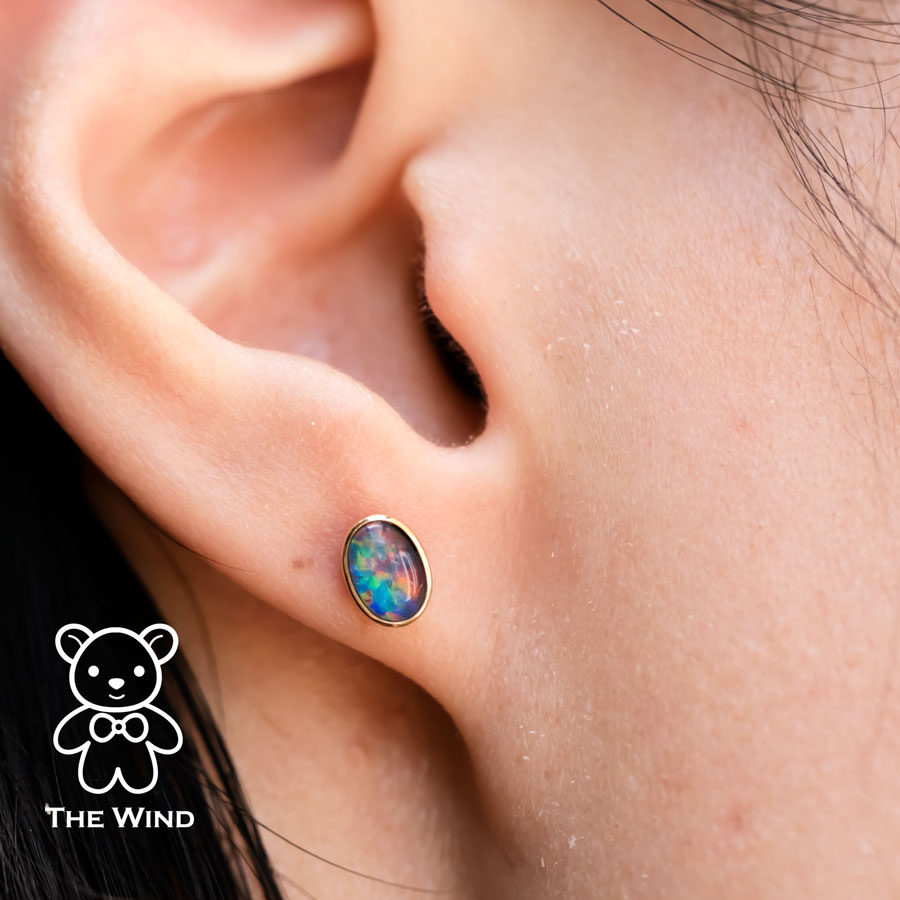 Minimalist Oval Shaped Triplet Opal Stud Earrings 18K Yellow Gold