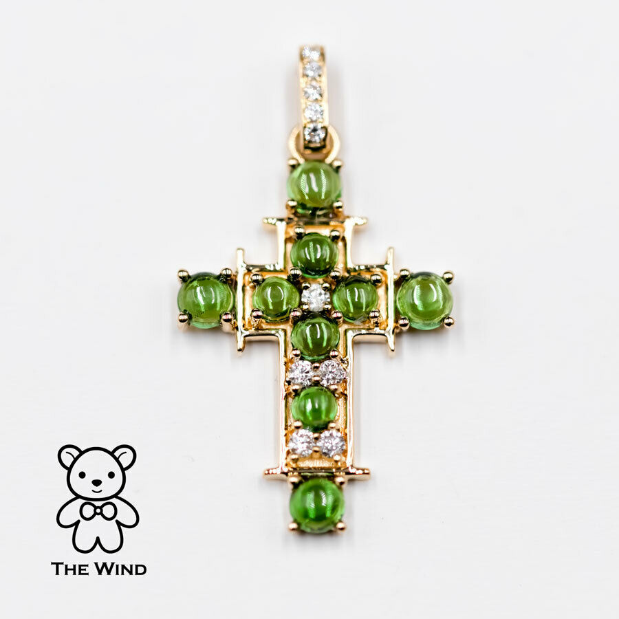 Tsavorite Garnet and Diamond Cross Pendant Necklace 18K Yellow Gold