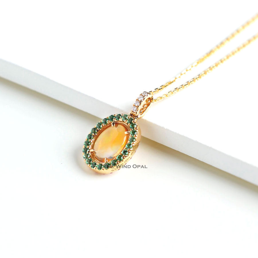 Beautiful Flame Two Side Mexican Fire Opal, Diamond Necklace 18K Yellow Gold