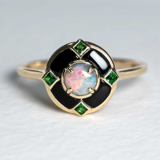 Unique Black Opal Black Agate Engagement Ring 14K Yellow Gold