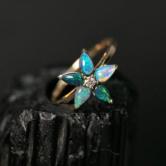 Unique Black Opal & Diamond Floral Ring 14K Yellow Gold