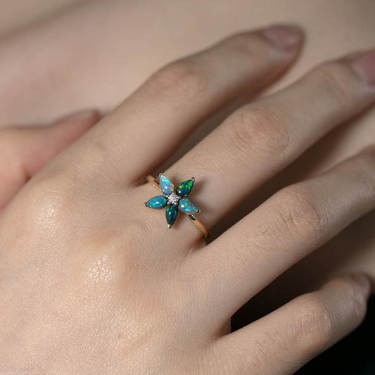 Unique Black Opal & Diamond Floral Ring 14K Yellow Gold