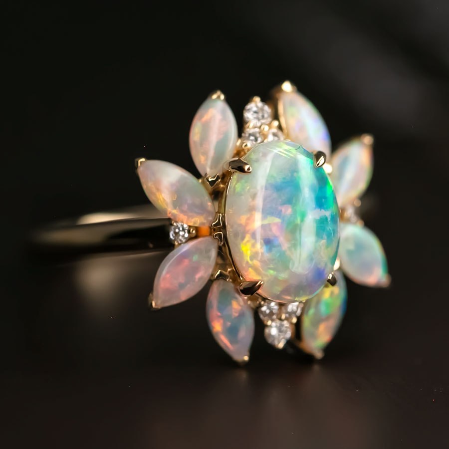 Unique Design Solid Opal Diamond Engagement Ring 18K Yellow Gold