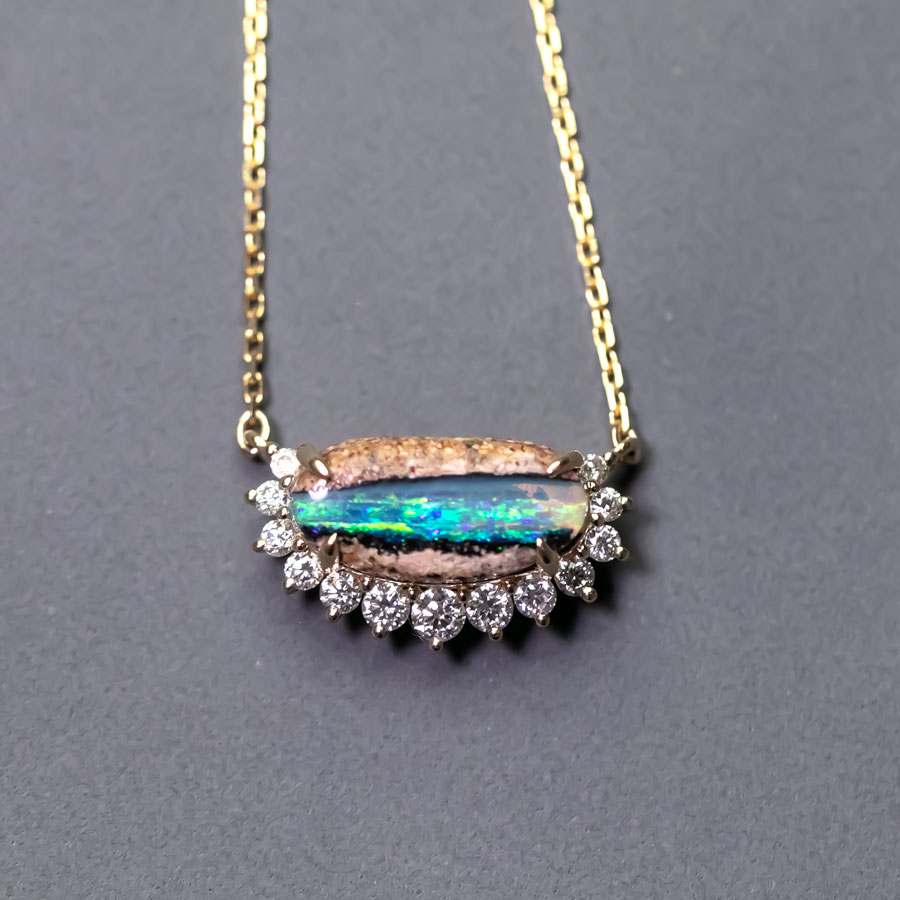 Unique Pattern Australian Boulder Opal Halo Diamond Necklace 18K Yellow Gold