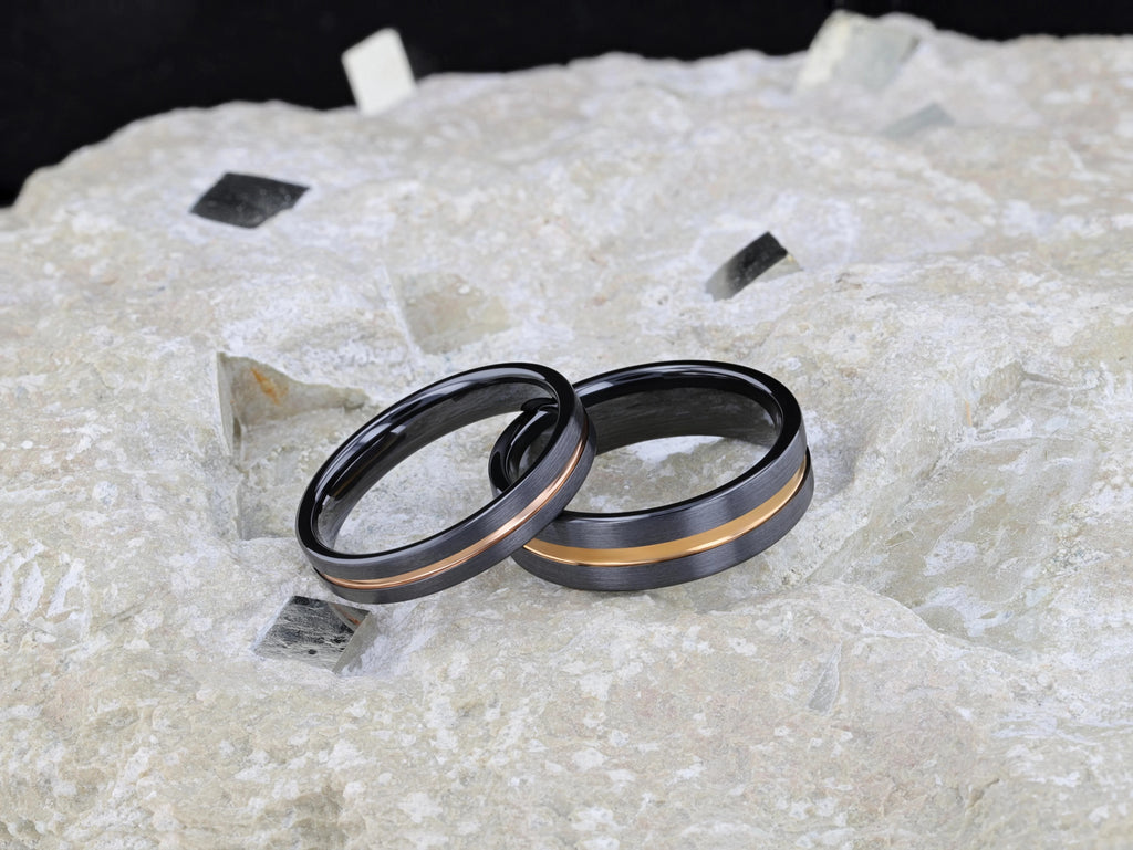 VENICE Black Ceramic Wedding Band with Rose Gold Groove - 4mm - 10mm