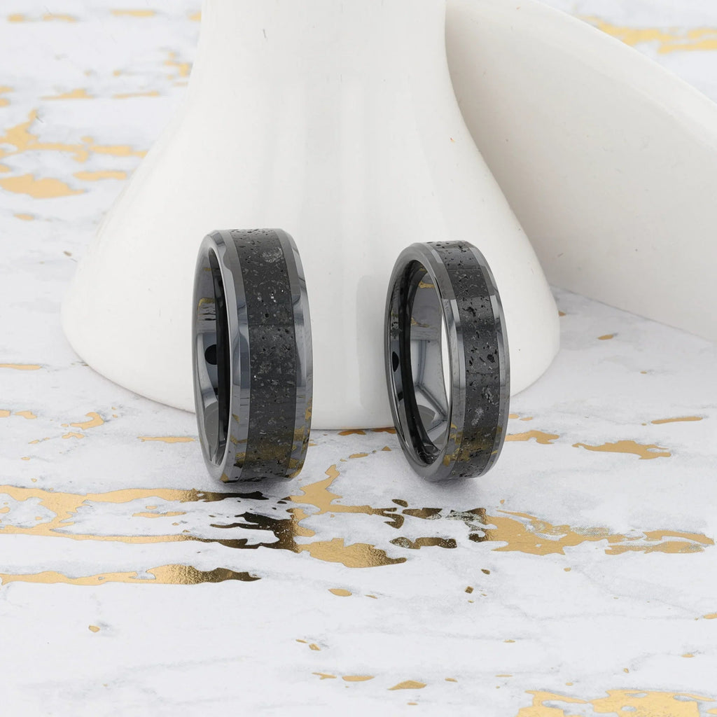 VESUVIUS Men’s Polished Black Ceramic Wedding Band with Black & Gray Lava Rock Stone Inlay & Polished Beveled Edges - 6mm & 8mm