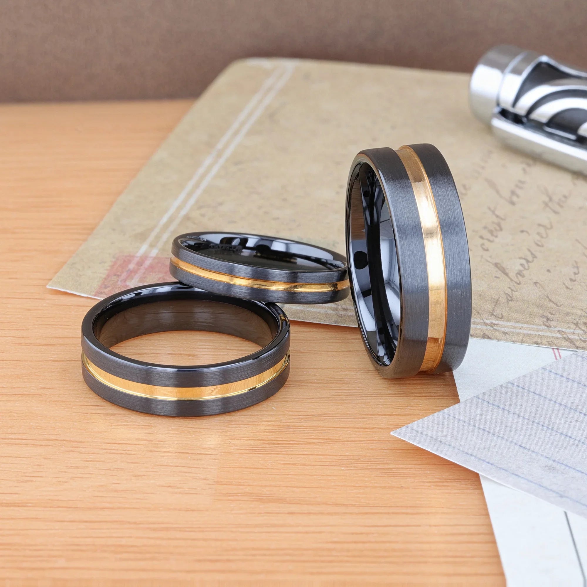 VIVALDI Black Ceramic Wedding Band With Yellow Gold Groove - 4mm - 8mm