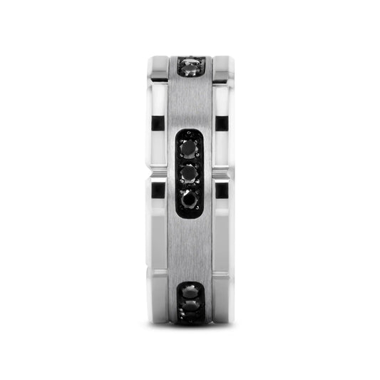 VALOR Grooved Tungsten Ring with Silver Inlay & Black Diamonds - 8mm