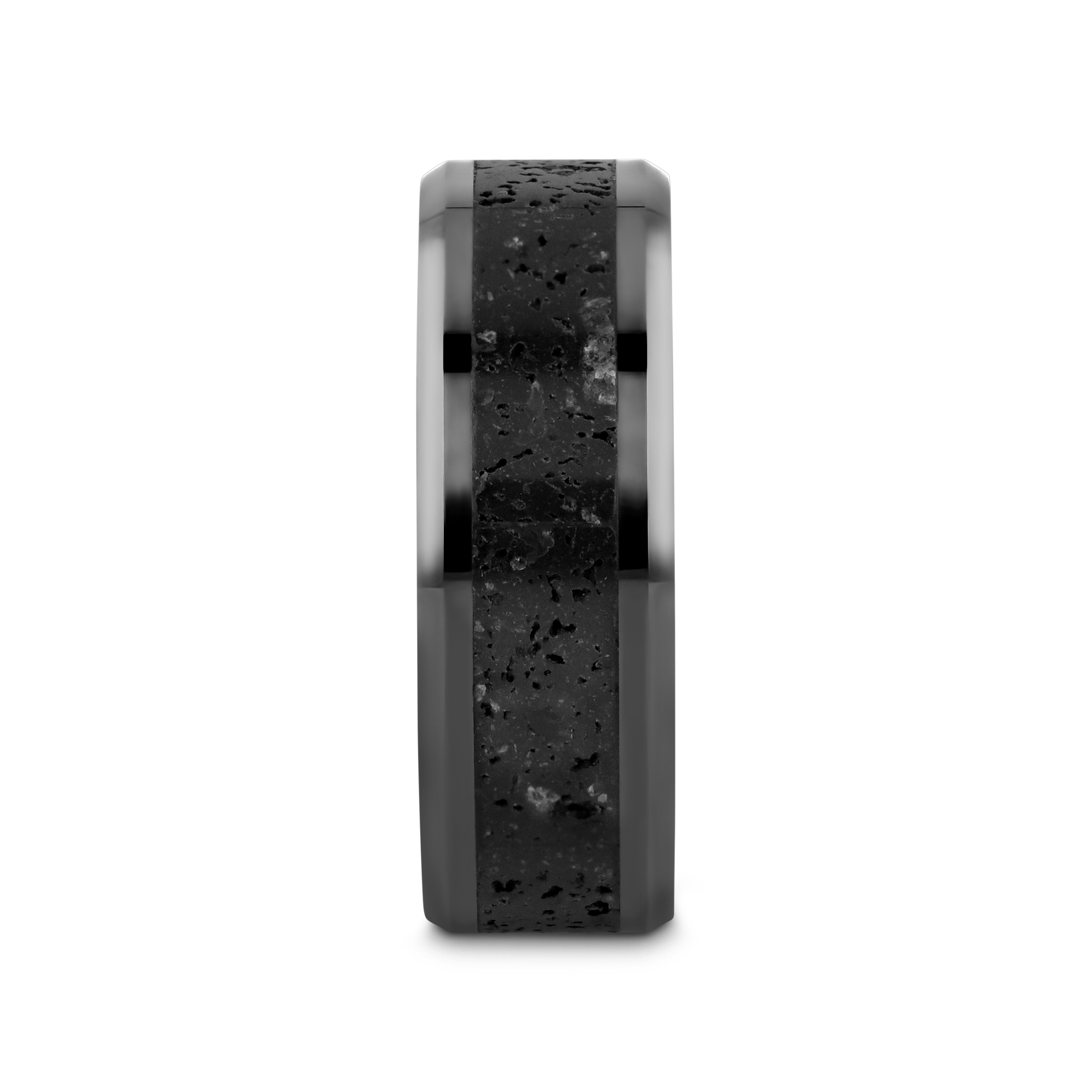VESUVIUS Men’s Polished Black Ceramic Wedding Band with Black & Gray Lava Rock Stone Inlay & Polished Beveled Edges - 6mm & 8mm