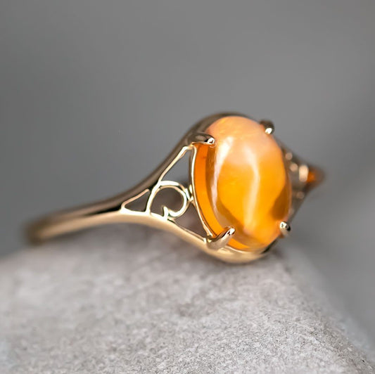 Vintage Inspired Egg Fire Opal Engagement Ring 14K Yellow Gold