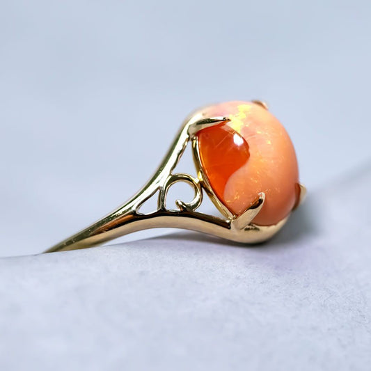 Vintage Inspired Egg Fire Opal Engagement Ring 14K Yellow Gold