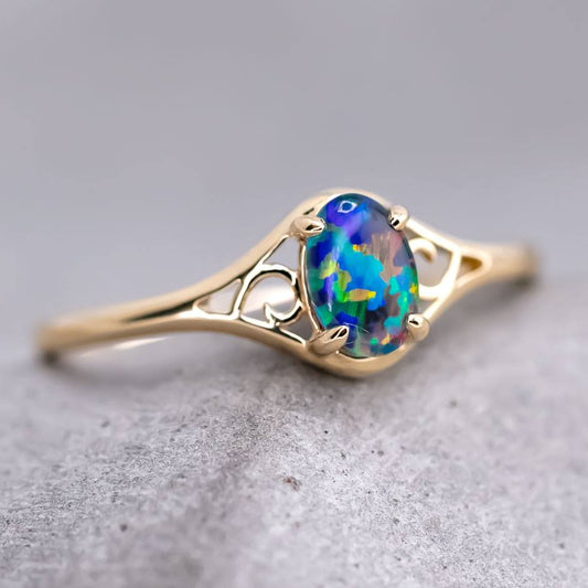 Vintage Inspired Oval Triplet Opal Engagement Ring 18K Yellow Gold