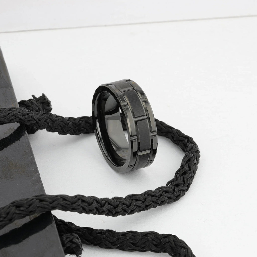 WINDSOR Beveled Black Tungsten Carbide Wedding Band with Brushed Center and Alternating Grooves – 8mm & 10mm