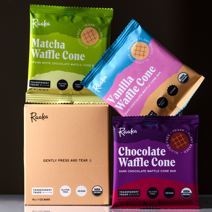 Waffle Cone Variety Box (Box of 10) with Matcha Vanilla Chocolate - Raaka Chocolate