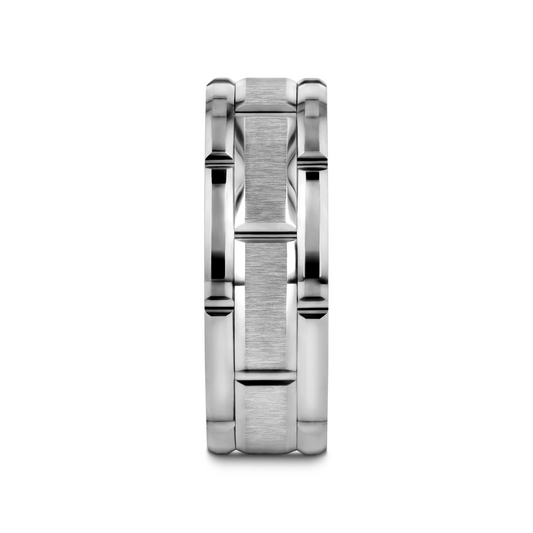 WARWICK Beveled Tungsten Carbide Wedding Band with Brush Finished Center and Alternating Grooves - 8mm