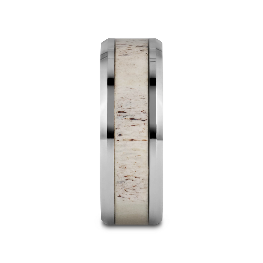 WHITETAIL Polished Beveled Tungsten Carbide Men's Wedding Band with Off-White Deer Antler Inlay - 8mm