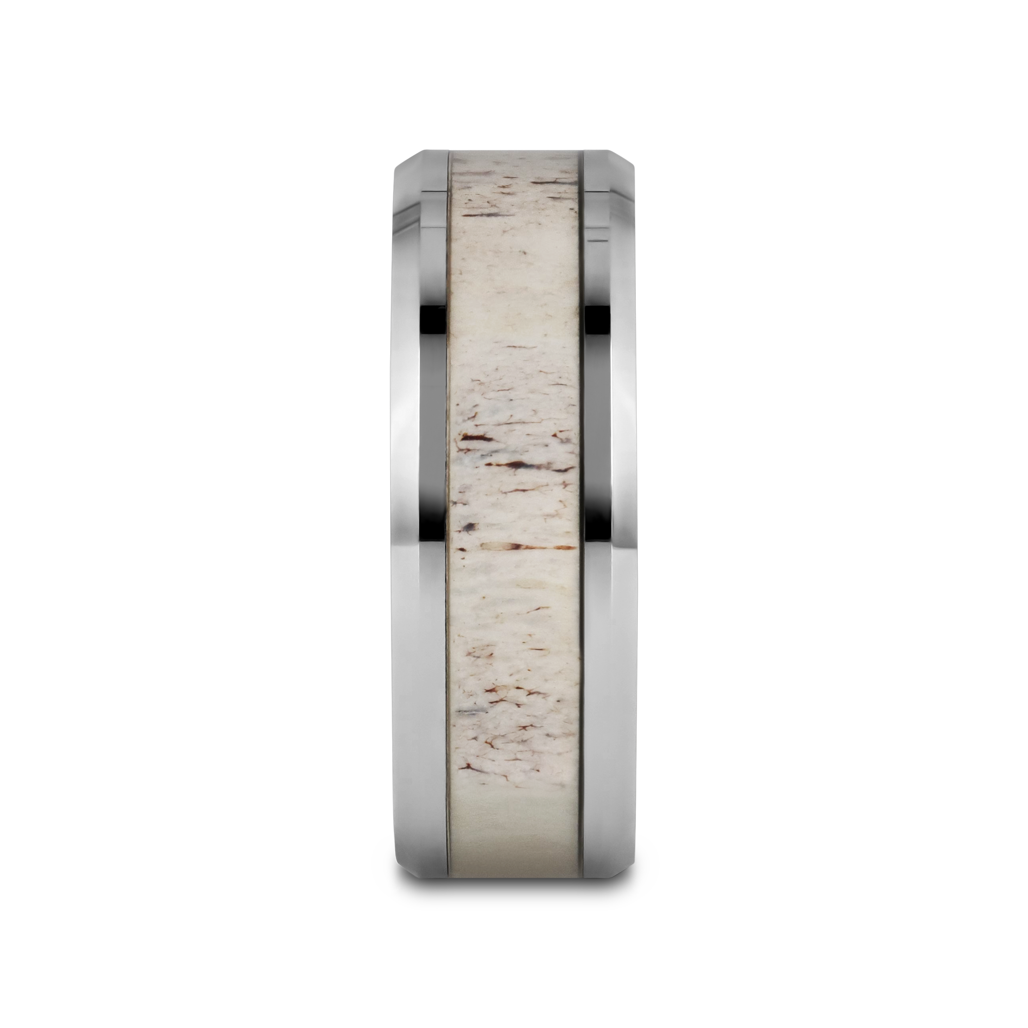 WHITETAIL Polished Beveled Tungsten Carbide Men's Wedding Band with Off-White Deer Antler Inlay - 8mm