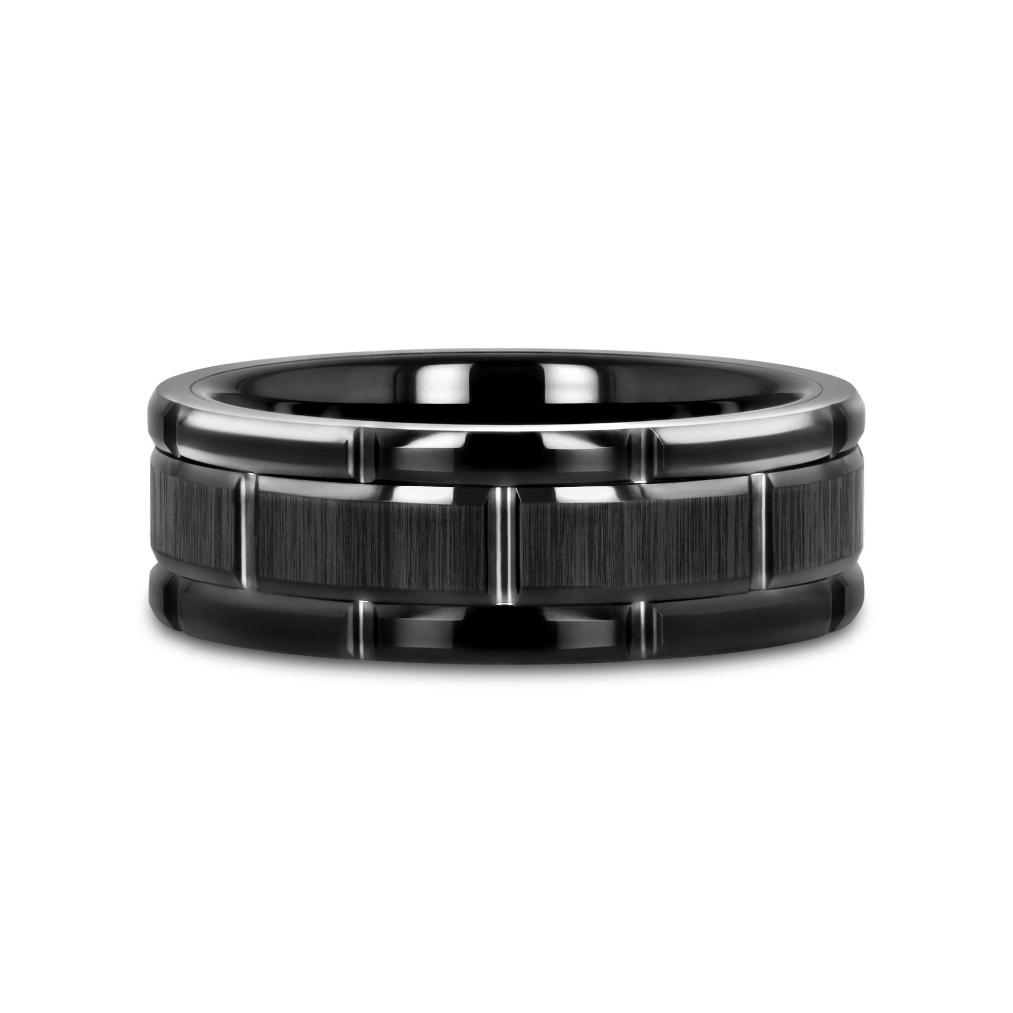 WINDSOR Beveled Black Tungsten Carbide Wedding Band with Brushed Center and Alternating Grooves – 8mm & 10mm
