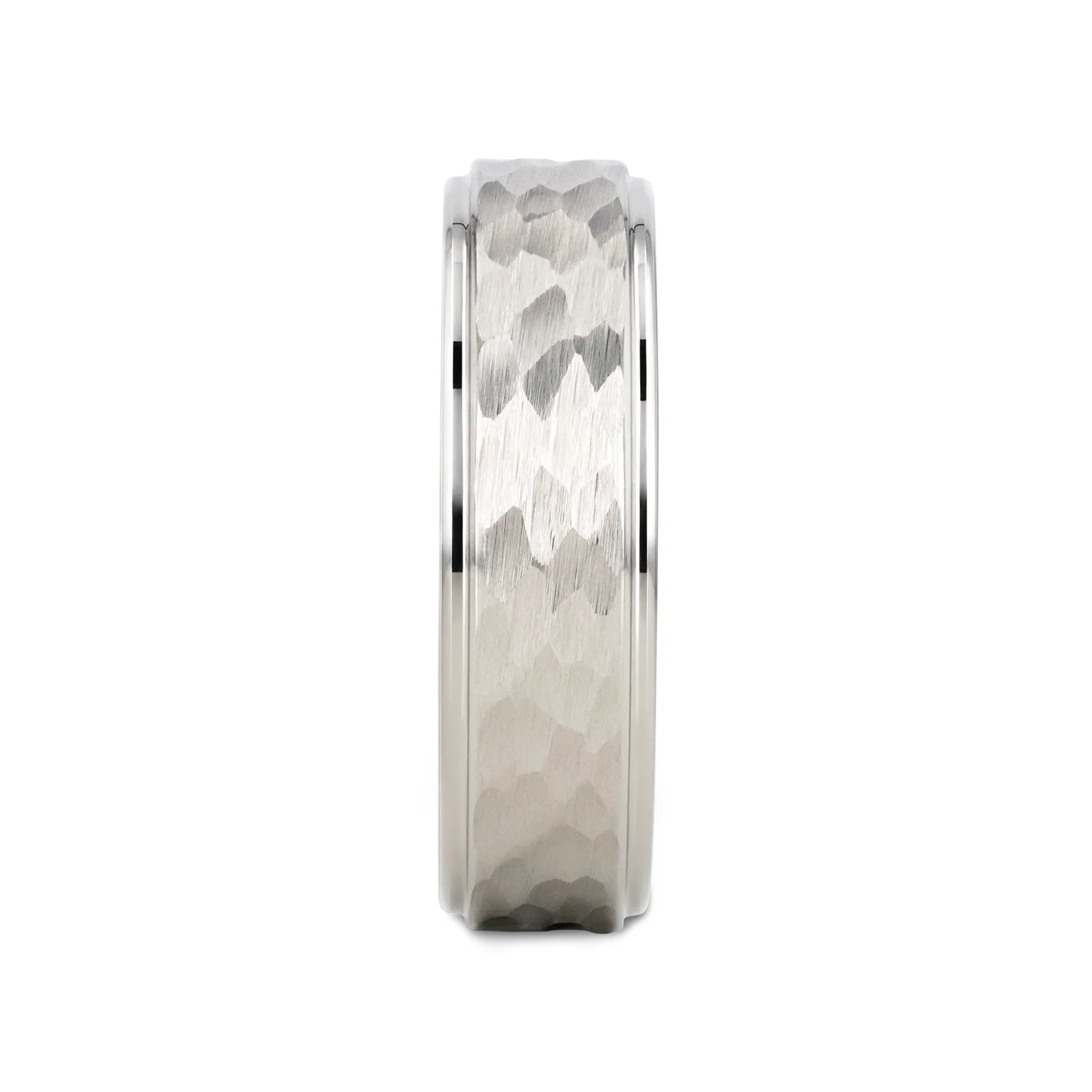 WINSTON White Tungsten Ring with Raised Hammered Finish and Polished Step Edges - 4mm - 10mm