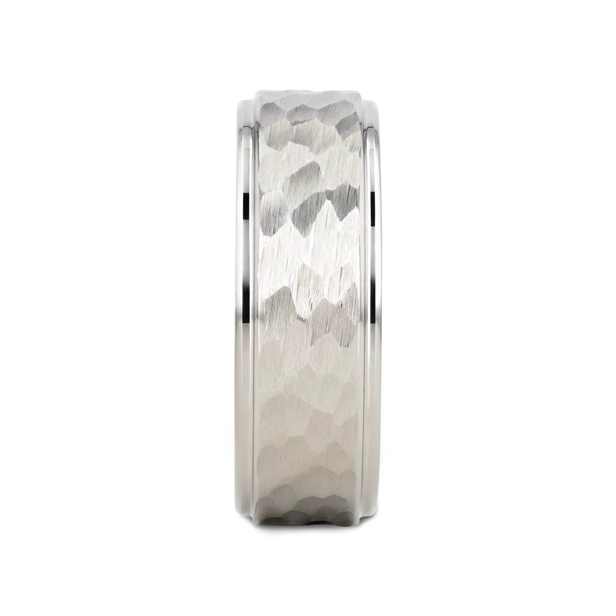 WINSTON White Tungsten Ring with Raised Hammered Finish and Polished Step Edges - 4mm - 10mm
