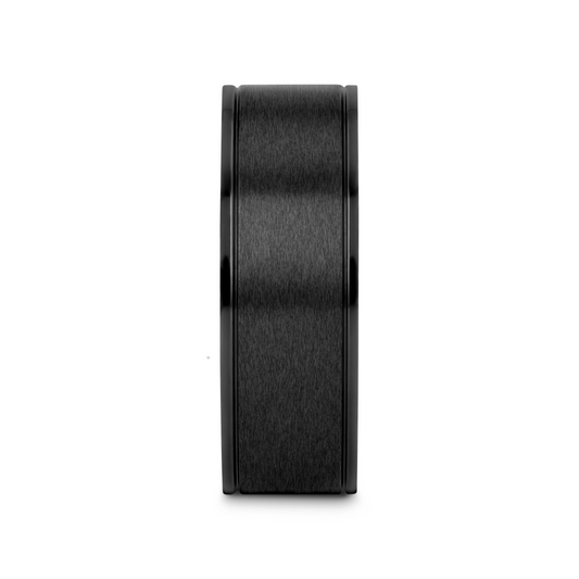 WOLFGANG Black Titanium Brushed Finish Men’s Wedding Ring with Polished Dual Offset Grooves – 6mm & 8mm