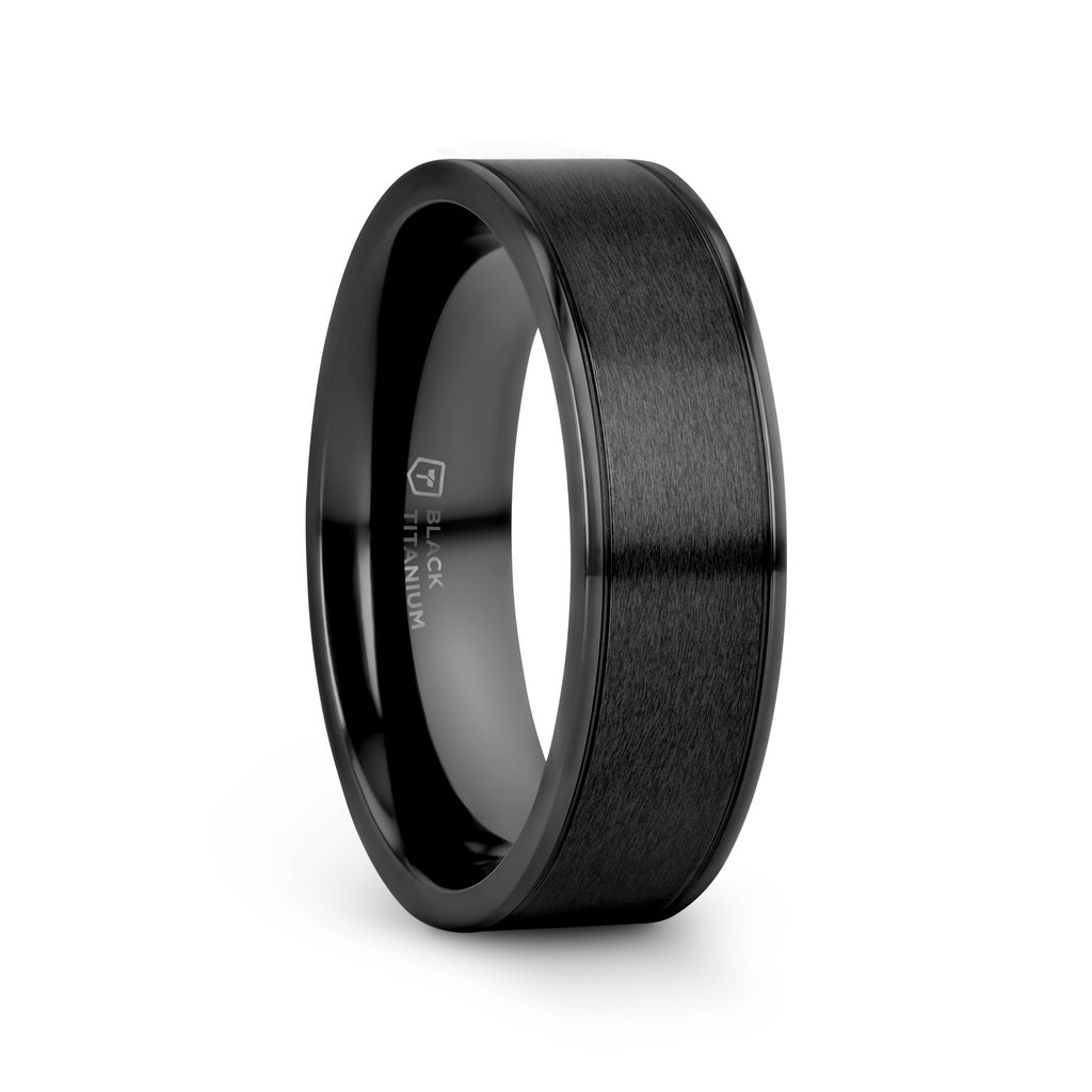 WOLFGANG Black Titanium Brushed Finish Men’s Wedding Ring with Polished Dual Offset Grooves – 6mm & 8mm