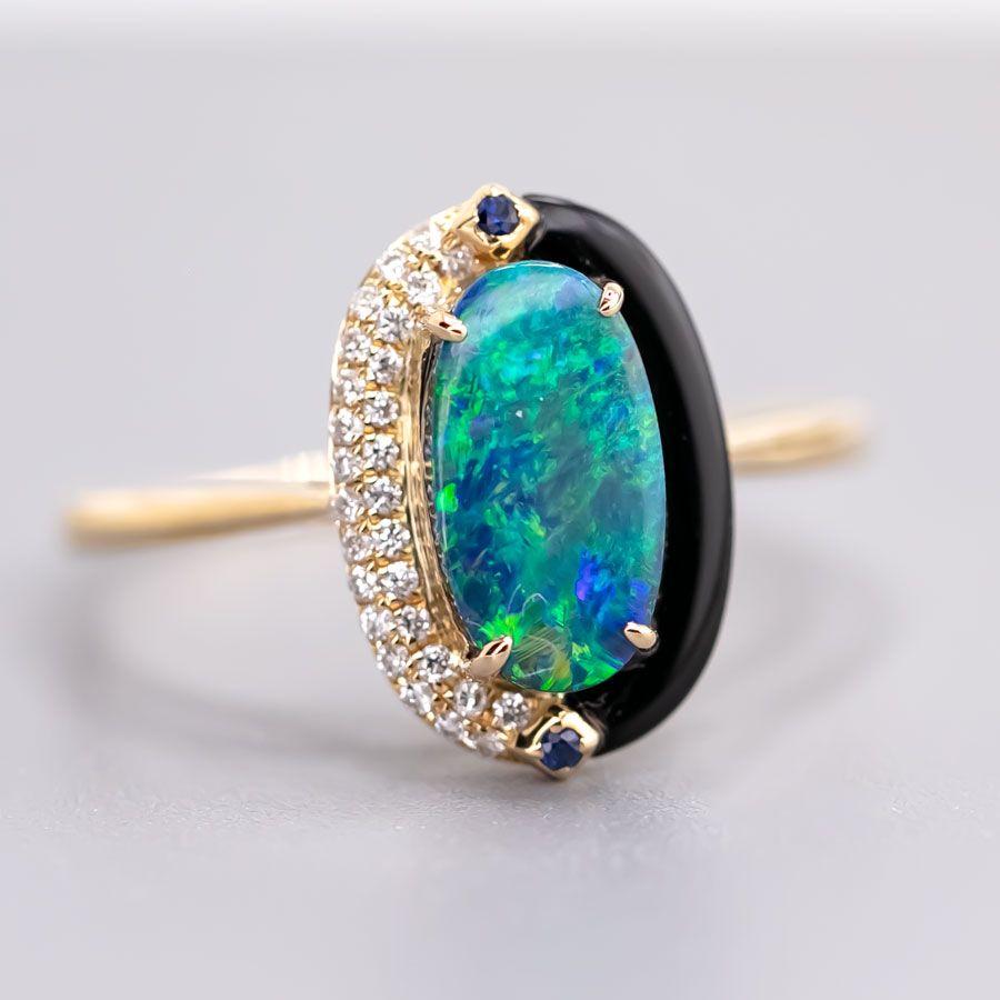 Yin-Yang Black Opal Diamond Sapphire Engagement Ring 18K Yellow Gold