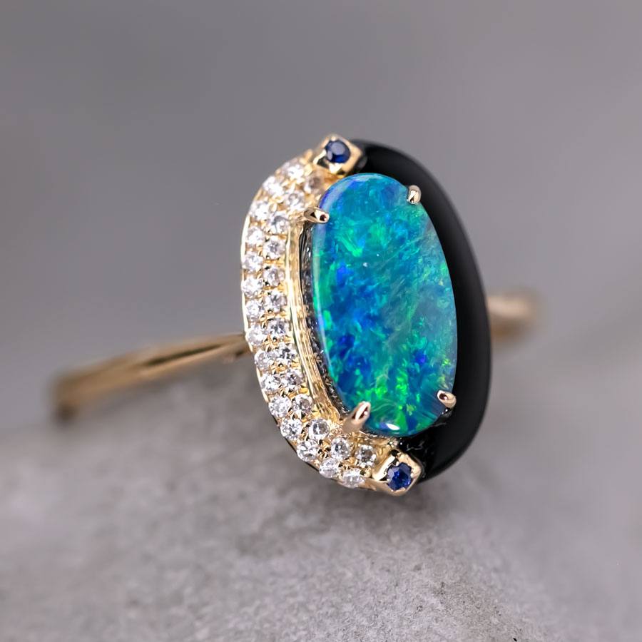 Yin-Yang Black Opal Diamond Sapphire Engagement Ring 18K Yellow Gold
