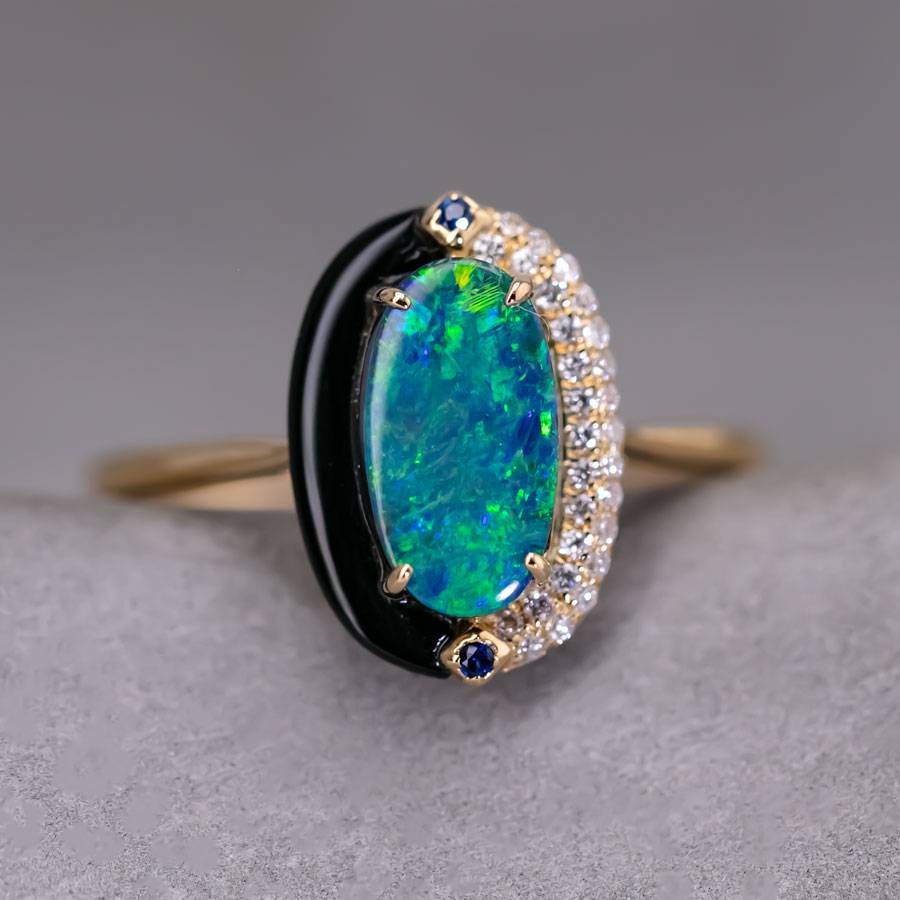 Yin-Yang Black Opal Diamond Sapphire Engagement Ring 18K Yellow Gold