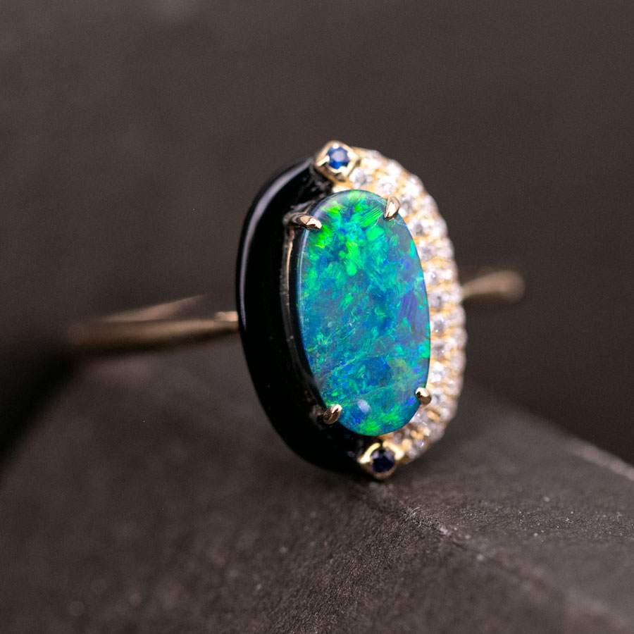 Yin-Yang Black Opal Diamond Sapphire Engagement Ring 18K Yellow Gold