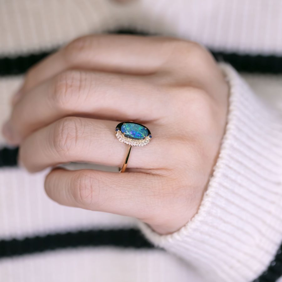 Yin-Yang Black Opal Diamond Sapphire Engagement Ring 18K Yellow Gold